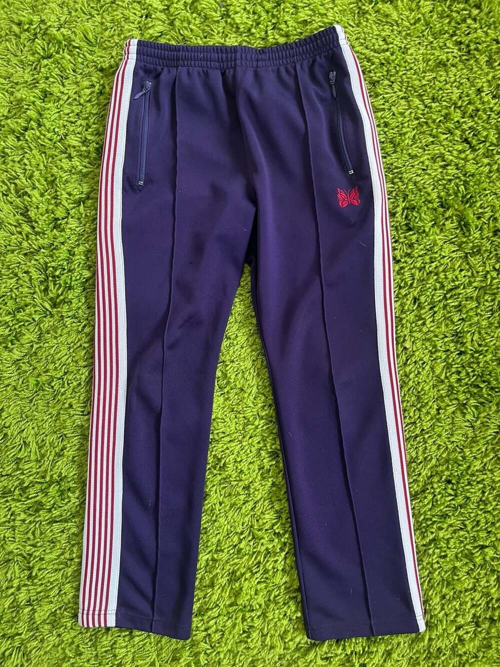 Needles Embroidered Striped Poly-Jersey Track Pants in Eggplant